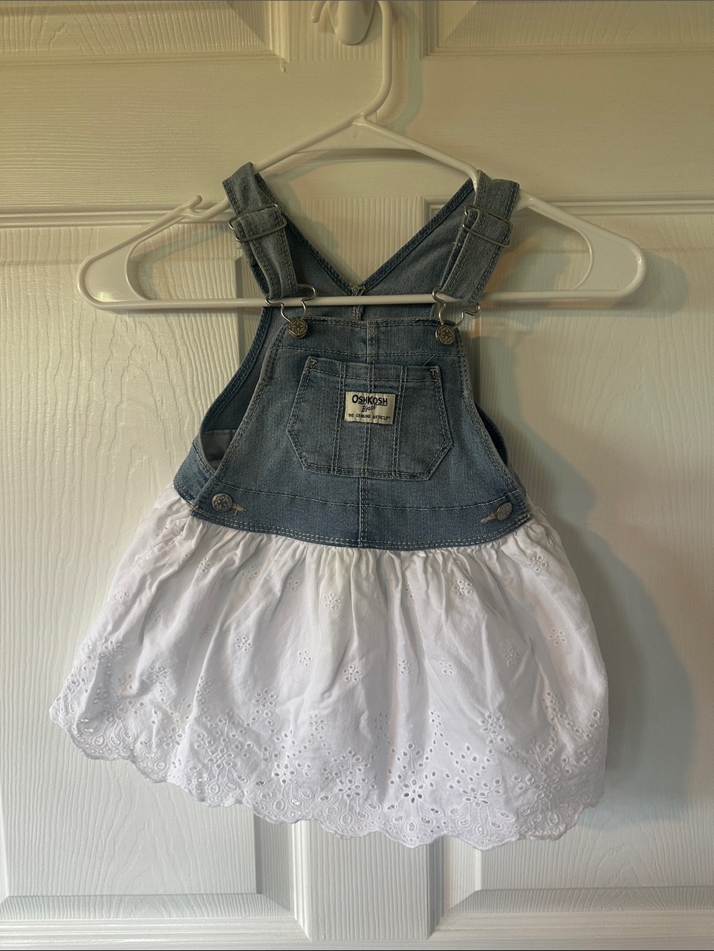 OshKosh B'gosh Blue Denim Overall Dress with White Eyelet Skirt